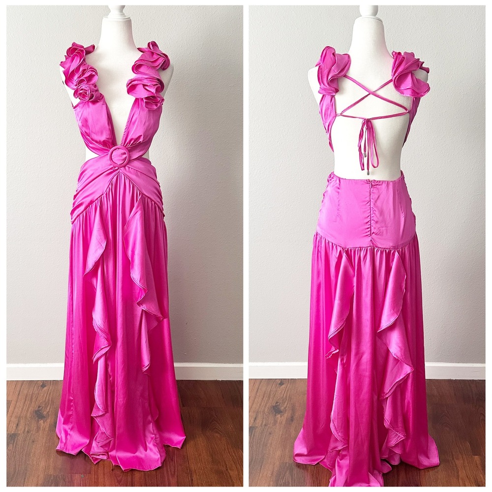 Rosevelvet Hot Fuchsia Satin Ruffle Cutout Backless Maxi Dress Size Medium